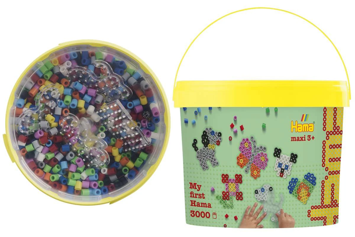 HAMA MAXI 3000 PERLER + 4 STIFTPLADER I BØTTE GRØN billede